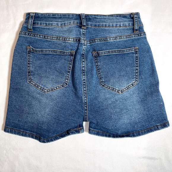 2 blue Distressed Button Denim Shorts - Picture 5 of 6